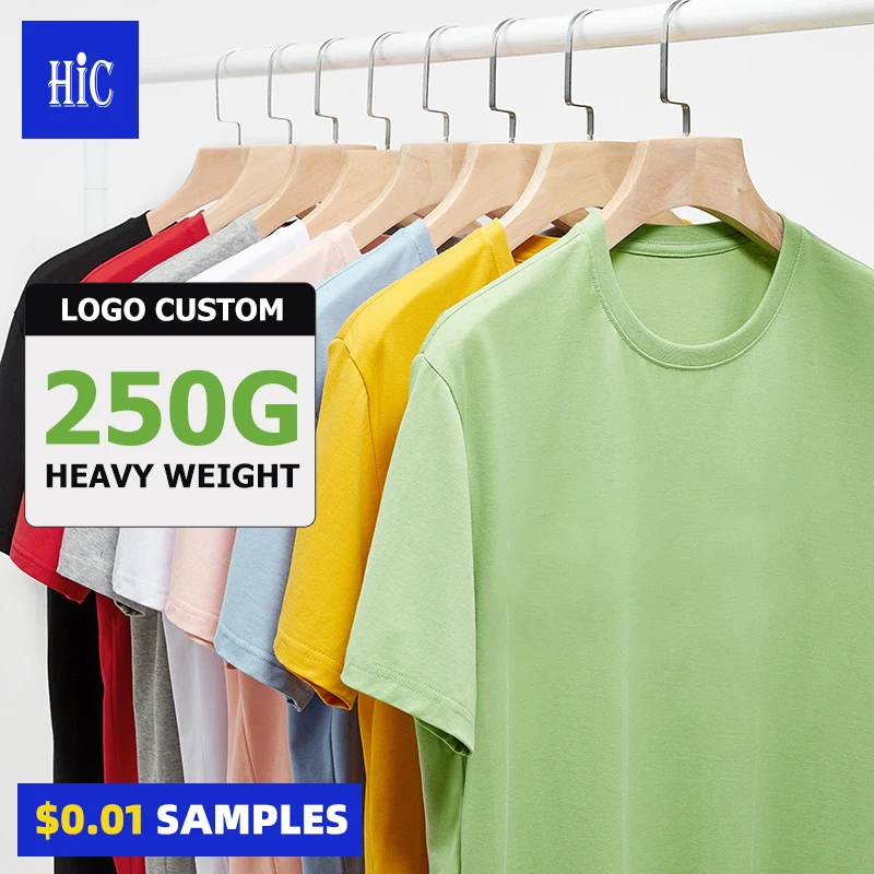 

HIC Wholesale Heavy 250G 100% Cotton T Shirt Custom Logo Printed Embroidered Mens Plain DryFit Tee Shirt Blank Sport Shirt, Optional 20 kinds of color