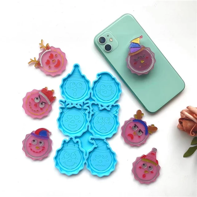 

J201 DIY Shiny Resin Cute Christmas Elk Pop Socket Mould Cartoon Christmas Santa Claus Phone Grip Silicone Molds, Stocked