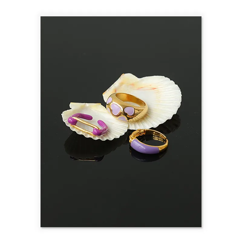 

Popular Enameled Flower Pattern Finger Rings High Quality Handmade Gold Plated Purple Enamel Opening Rings For Female