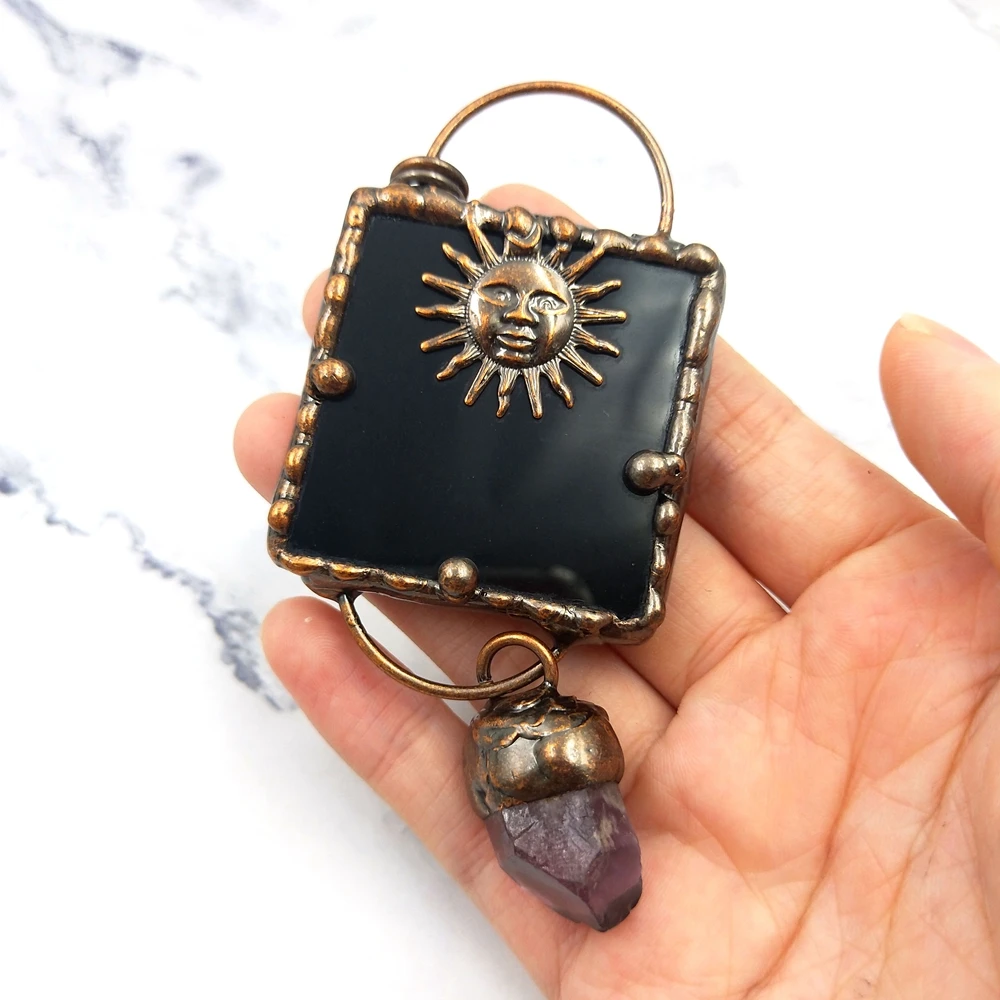 

Hot Fashion Black Obsidian Pendants Necklace Bronze Plated Sun Charms Lucky Love Crystal Flat back Jewelry with Little amethyst, As picture shows