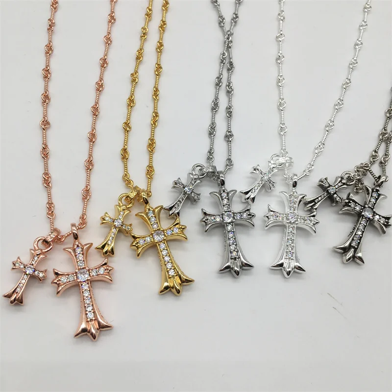 

New Design Religious Jewelry Gold Plated CZ Diamond Double Cross Pendant Chain Cross Pendant Necklace For Men, Picture
