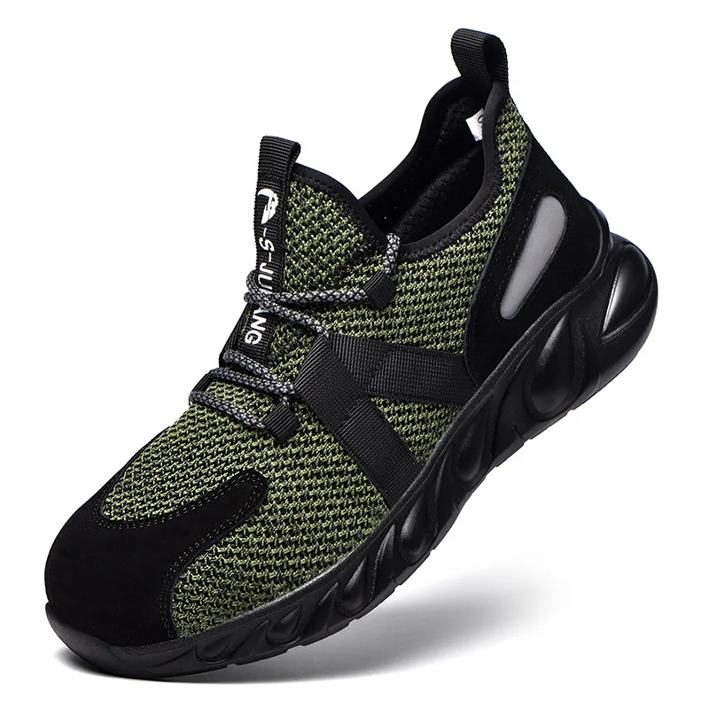 

Safety Shoes Original Factory Cheap Anti-smashBreathable Fly knit Steel Toe Rubber and Plastic Outsole Labor Protection Shoes, Green grey black