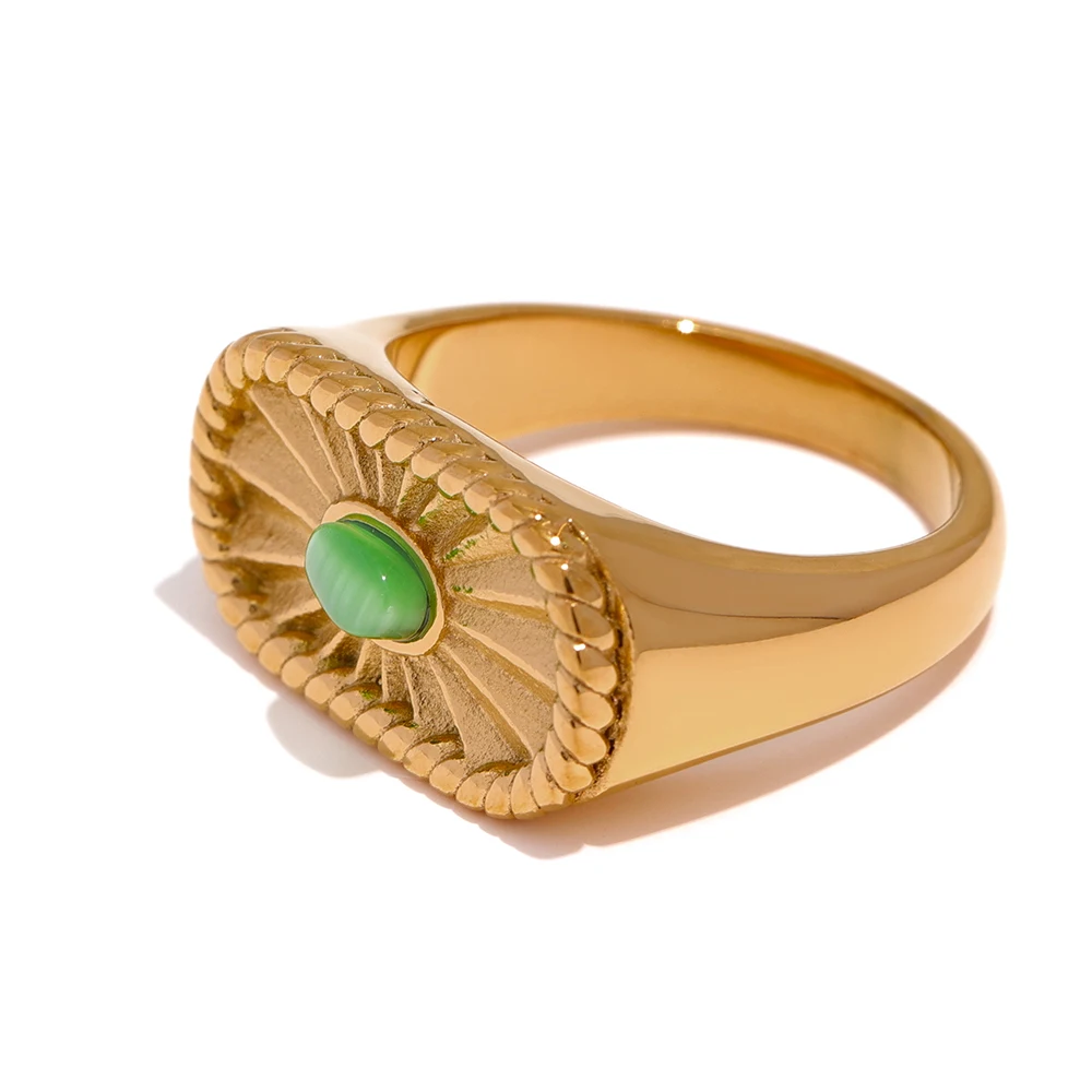 

JINYOU 091 Waterproof France Vintage Romantic Jewelry Statement 18K Gold Plated Stainless Steel Green Opal Stone Ring Women