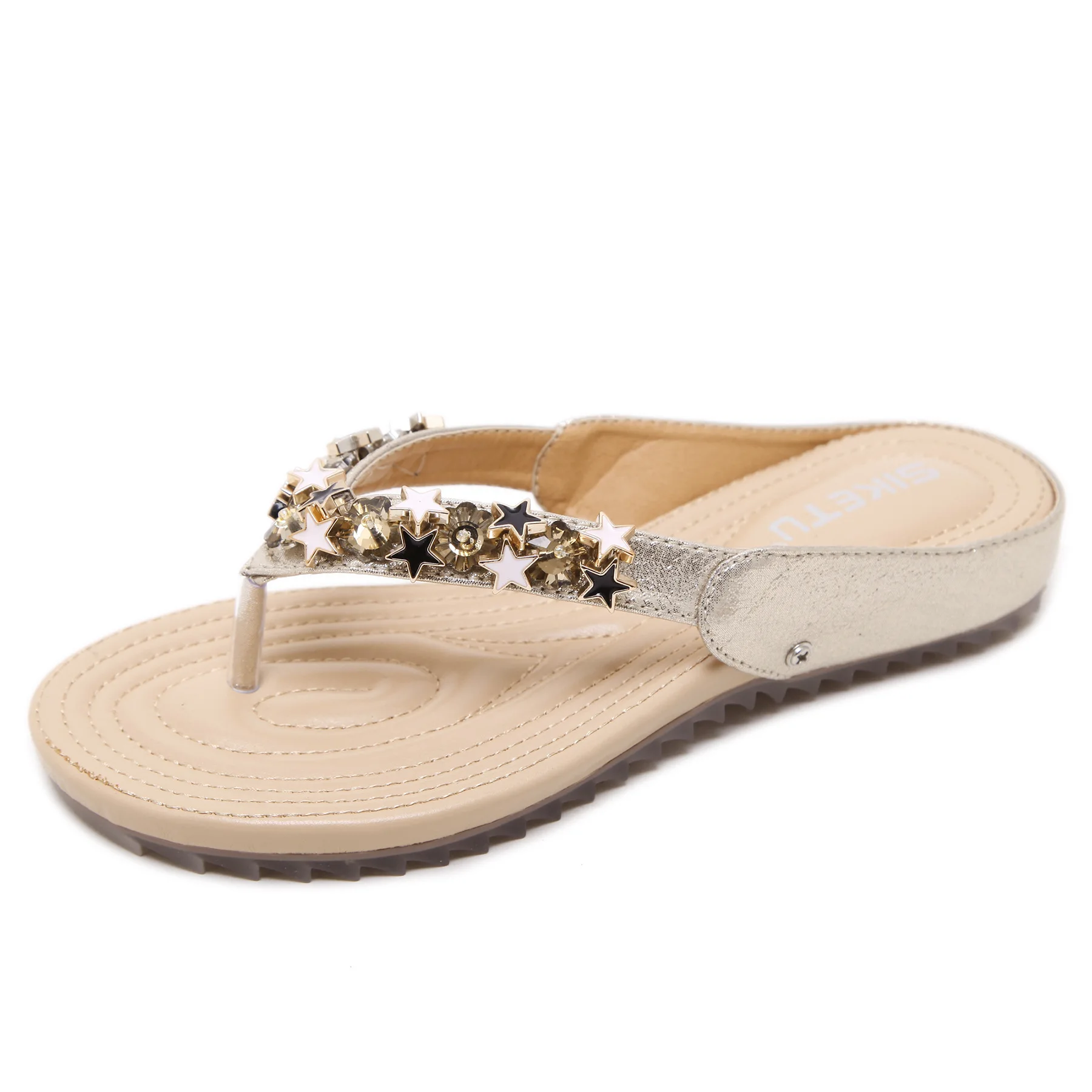

New arrival 2020 beach slide women Bohemian style soft sole flat comfortable rhinestone sandal flip flop original, Black,gold