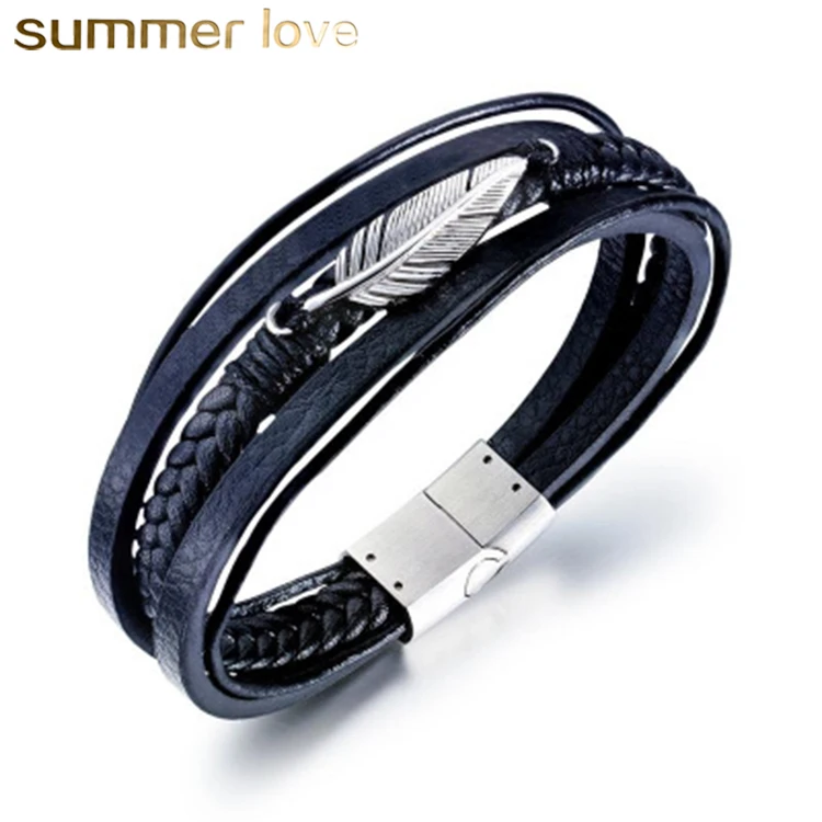 

Wholesale Fashionable Feather Multi-loop Leather Bracelets for Men Accessories Stainless Steel Jewelry