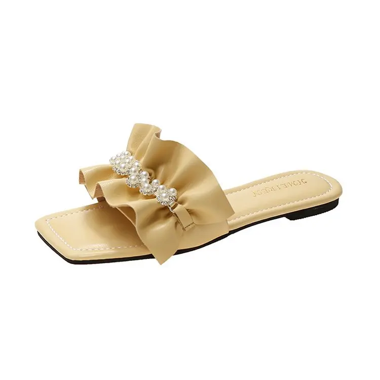 

New Designs Summer Rope Sandals Slide Slippers Pearl Rhinestone Women Flat Sandals