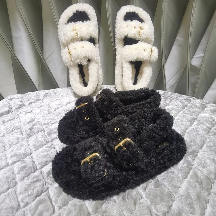 

2021 New Arrival Fashion Faux Lamb Wool fur Slides slippers sandals Women plush cotton women's home outdoor open-toed flip flops