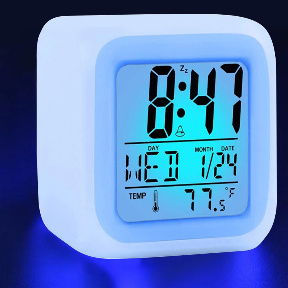 

Factory Outlet LED Cube 7 Color Night Change Digital Luminous Date Calendar Display Desktop Desk Clock Child Alarm Clock