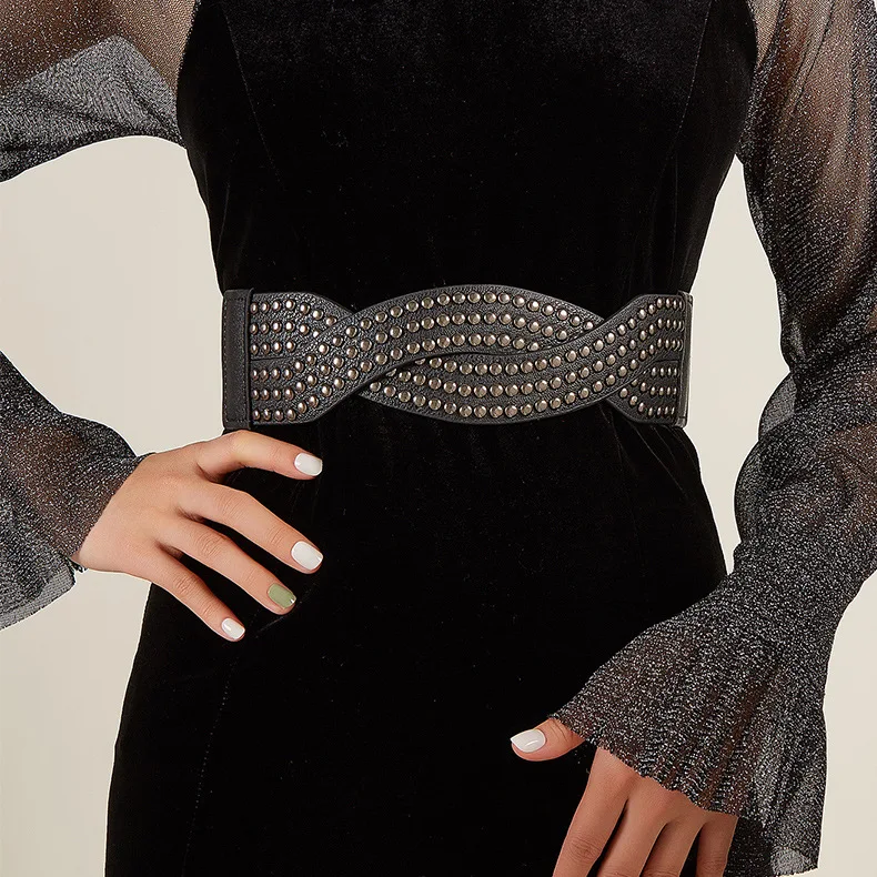 

REWIN Women's Fashion Vintage Wide Braided Elastic Rivet Waist Pu Leather Belt for Woman Dresses