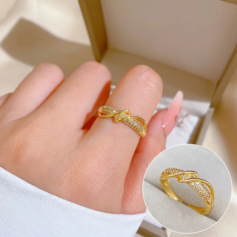 

Trendy Zircon Open Rings Brass Gold Plated Twisted Adjustable Finger Ring Jewelry