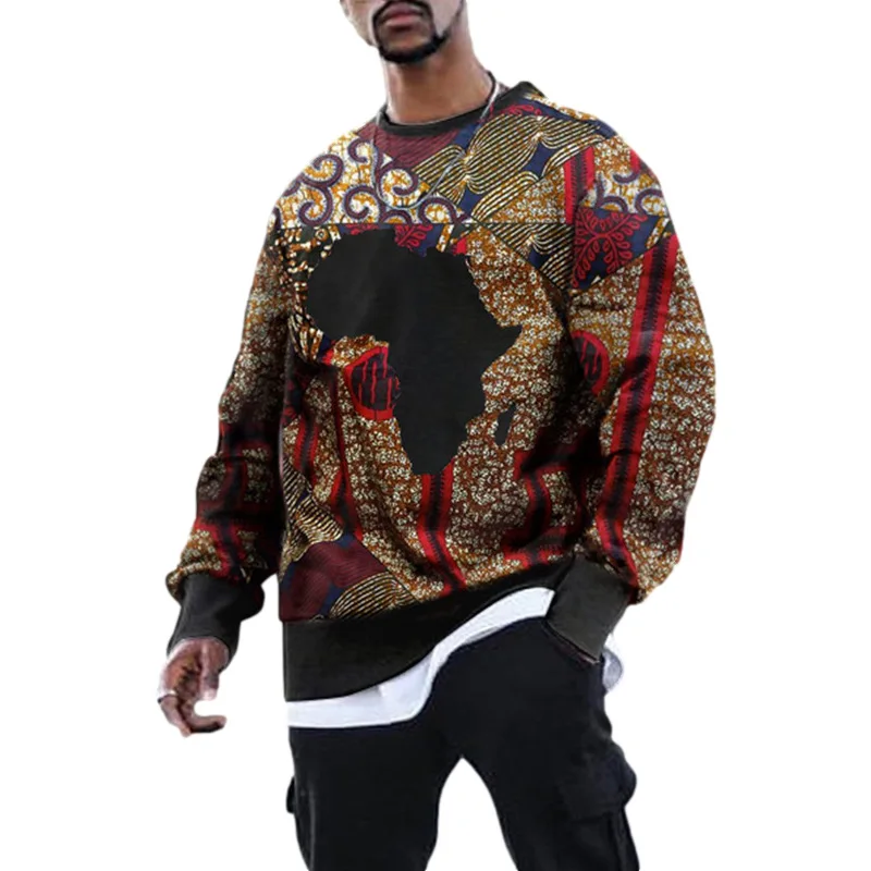 

2021 Europe and the United States Amazon Hot Sale Men's Africa Map Retro Print Round Neck Long Sleeve T-Shirt Sweatshirt Men