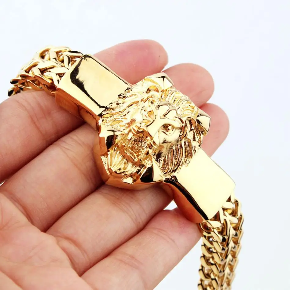 

TU-GEM Pulsera The Hottest Double Chain Lion Head 18k Gold Stainless Steel heavy Chunky franco chain Cuban Link Bracelet For Men