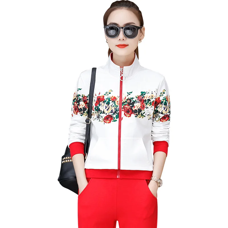 

Customized sports suit Korean fashion women printed stand up collar sweater sportswear two piece suit