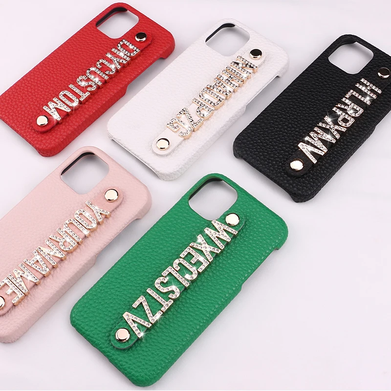 

Dropshipping DIY custom name metal letter strap premium pebble leather phone case