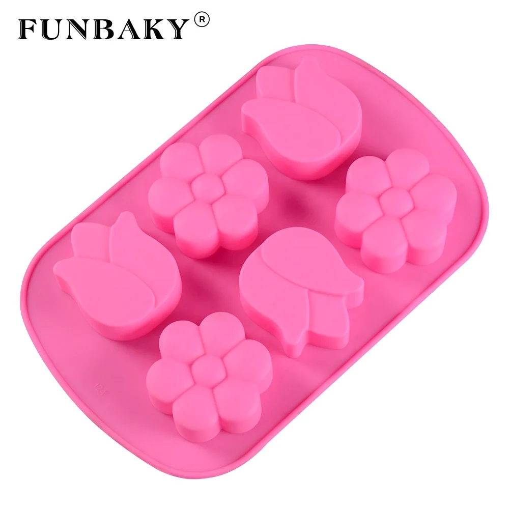 

FUNBAKY JSC124 BPA free cake pop maker kits flower tulip shape 6 cavity cake mold silicone scented candle making tool, Customized color