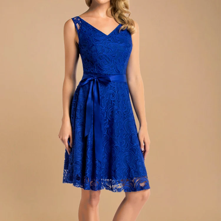 2020女士短款宝蓝色晚礼服花边伴娘连衣裙v领 材料 蕾丝和柔软的