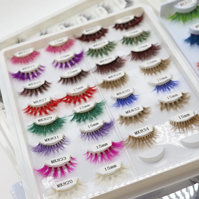 

Wholesale vendor new design natural soft handmade 3d false wispy fluffy full strip color mink lashes, Multiple colors