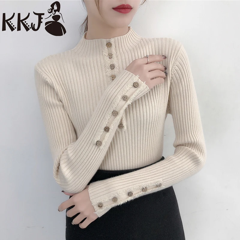 

2019 New Half Turtleneck Women Sweater Knitted Ladies Pullover Sweaters with Buttons Wholsales Price