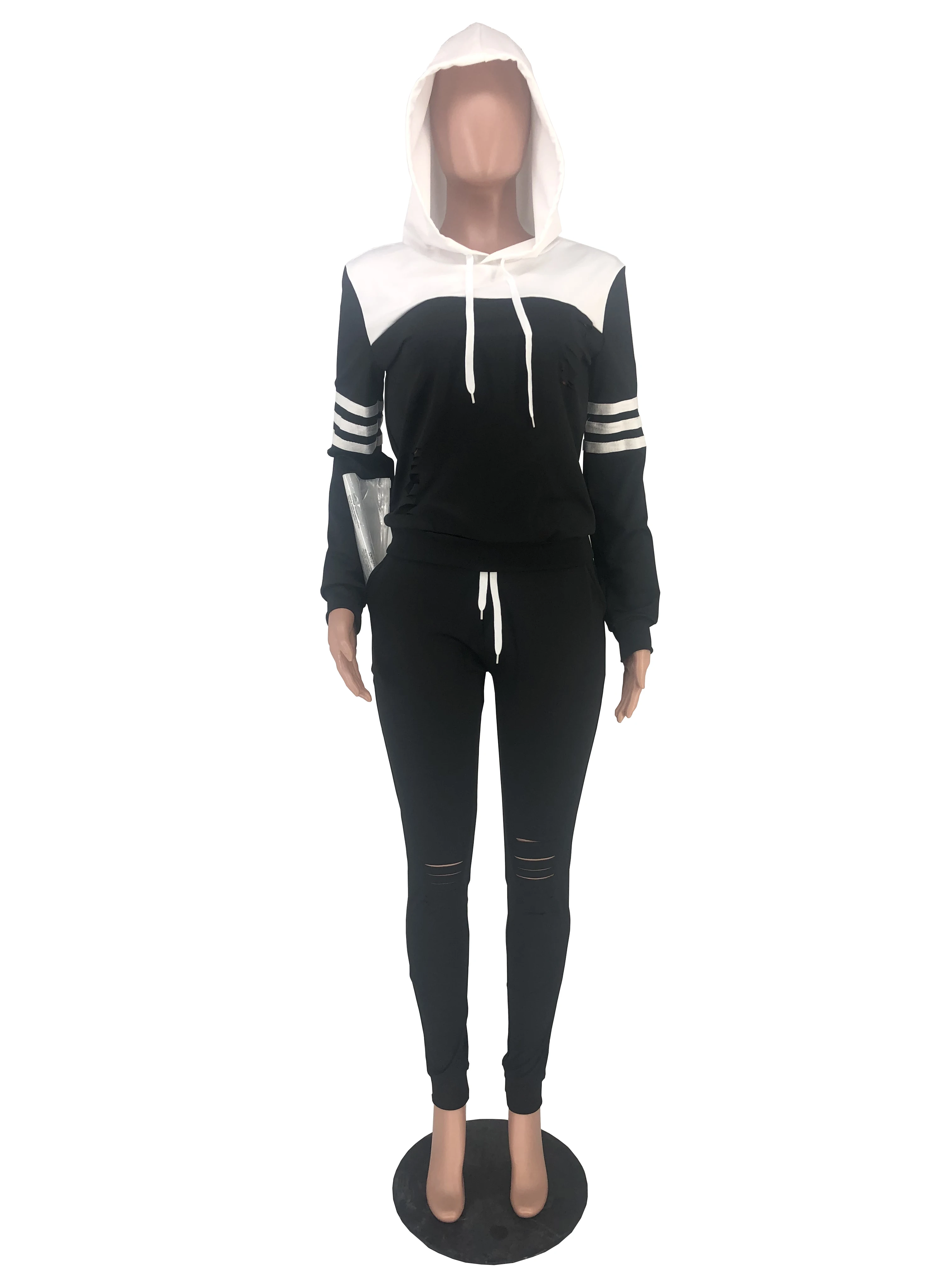 Ydcy8589 Wholesale Casual Jogging Set Womans Sport Clothing Hoodie Ripped Womens Two Piece