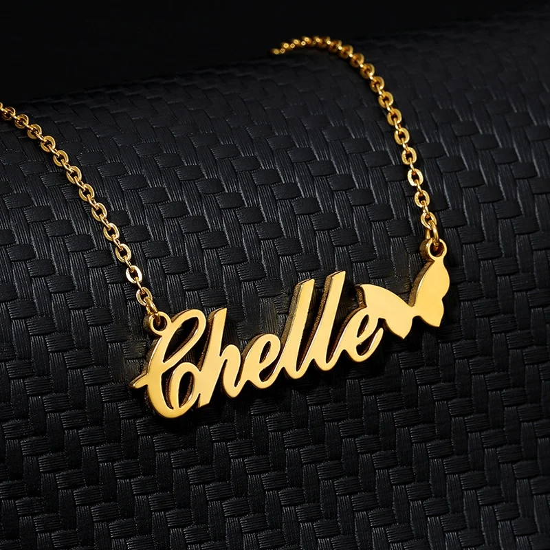 

18k Gold Plated Customized Initial Name Necklace with Butterfly Heart Stainless Steel Nameplate Women Jewelry Chain Necklaces, Silver,gold,rose gold