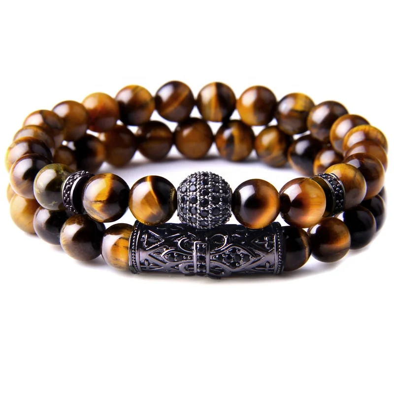 

2pcs 8mm Black Micro insert Charm Natural Yellow Tiger Eye Crystals Stone Beaded Mens Bracelet