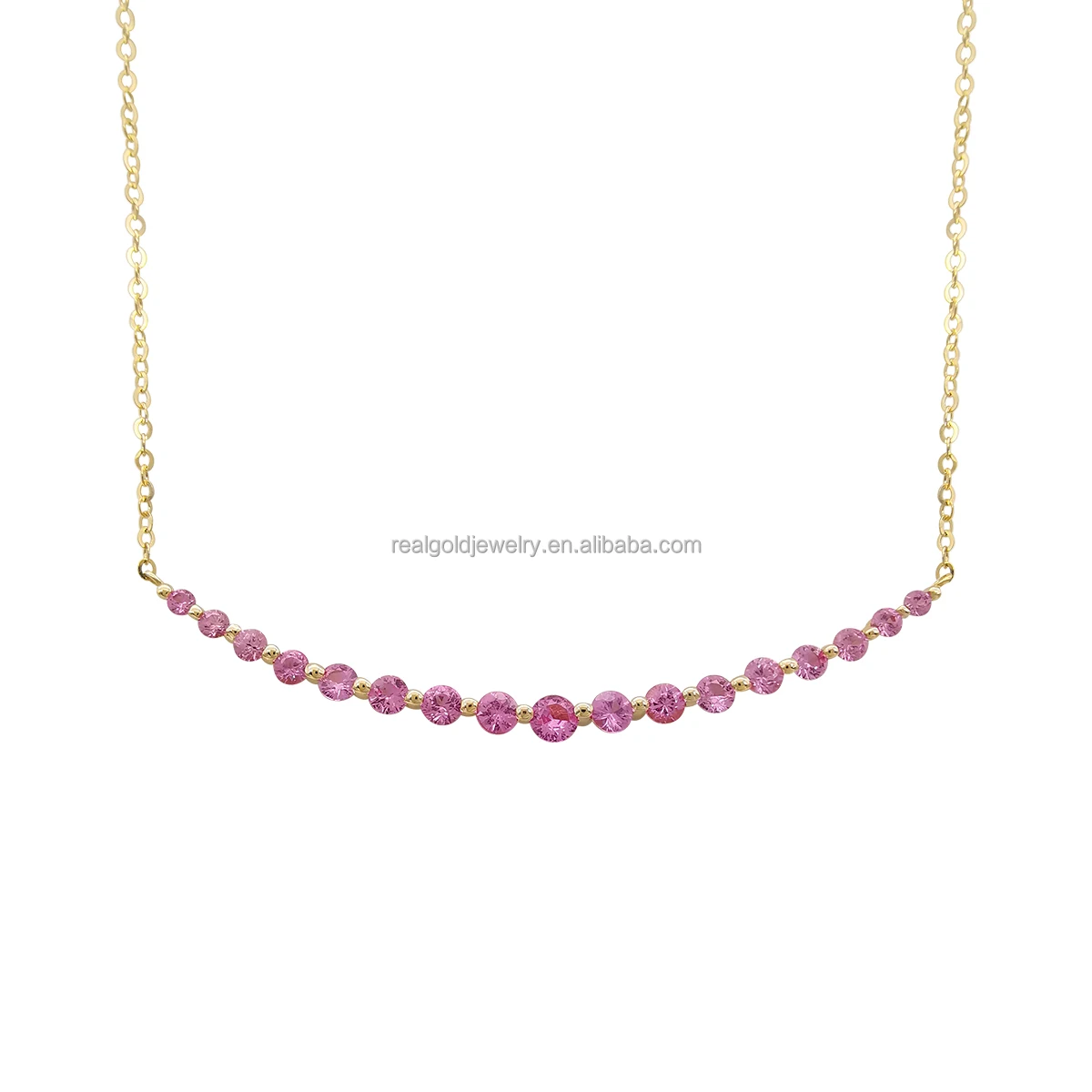 

Fine Jewelry 14K Au585 Real Solid Gold Natural Round Pink Sapphire Smile Different Gemstone Size Necklace Factory Custom