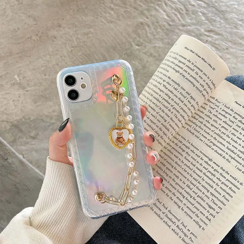 

Lovely little bear pearl bracelet laser colorful cases for iPhone 12 Pro for iphone case with chain
