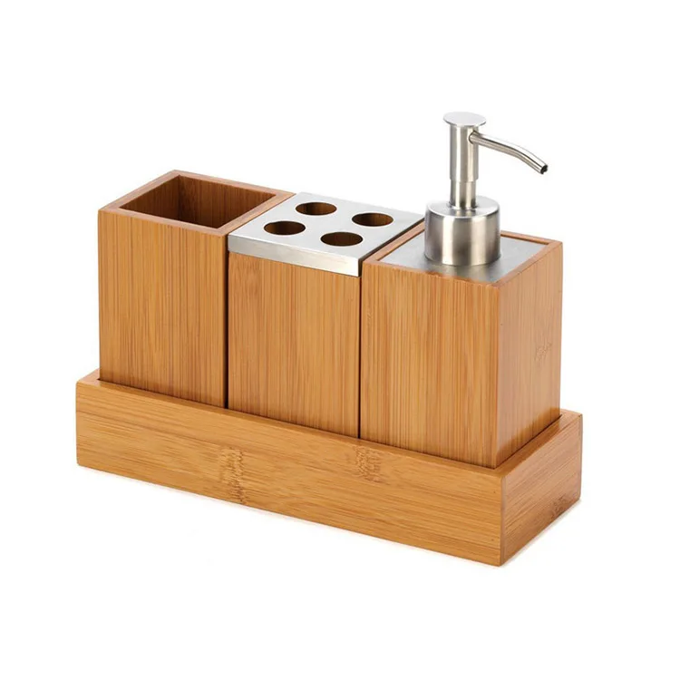 

Wholesale Natural Color 4 Pieces Set Eco Friendly Reusable Package Bamboo Bathroom Accessories Set