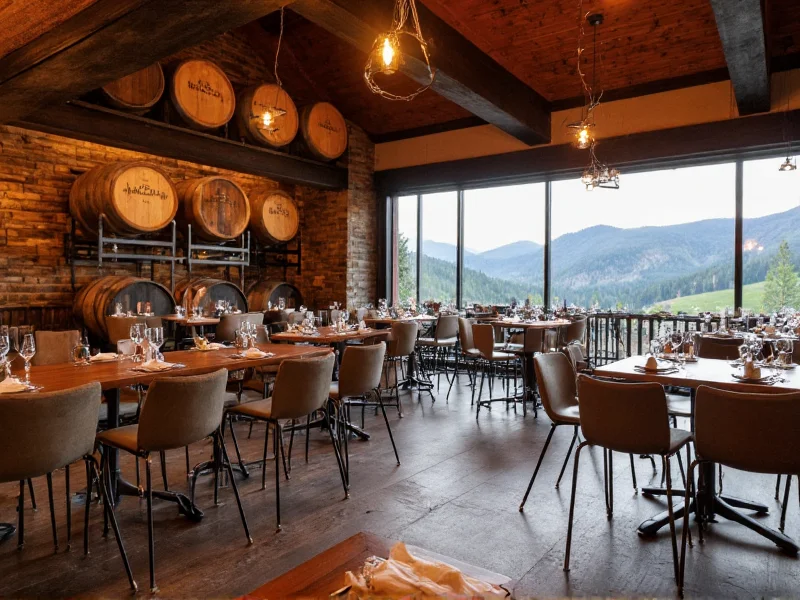 Maple Branch taproom with wooden barrels and mountain view