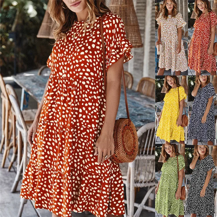 

Ruffled sleeve wave point summer dress print casual dresses for women, Customized color/as show