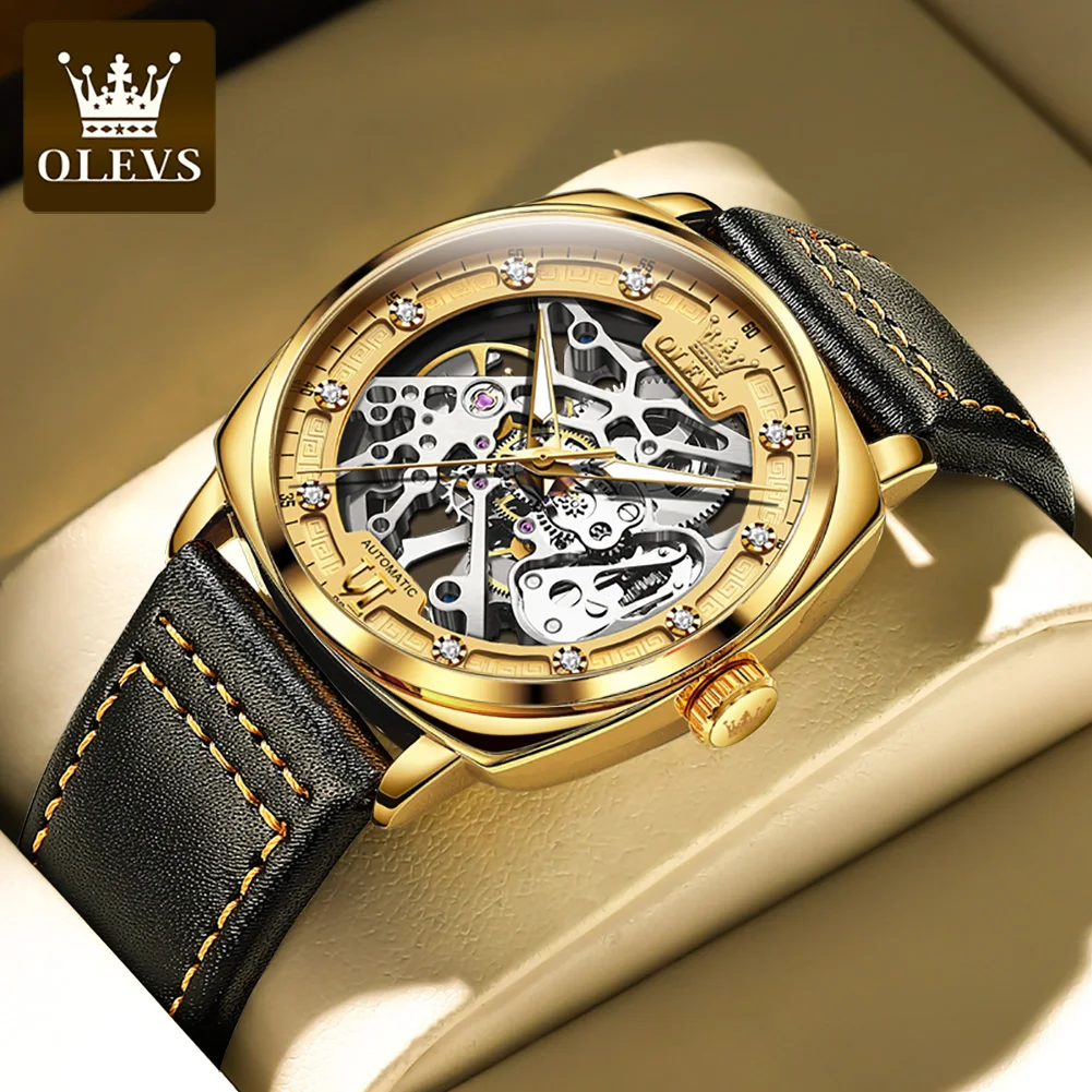 

OLEVS Fashion Luxury Leather Skeleton Watch Gold Watch Automatic Mechanical Square Men's Wrist Watch