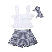 

Girls summer outfit boutique clothing sets children suspender ruffle top + shorts and headbands 3pcs toddler ruffle set
