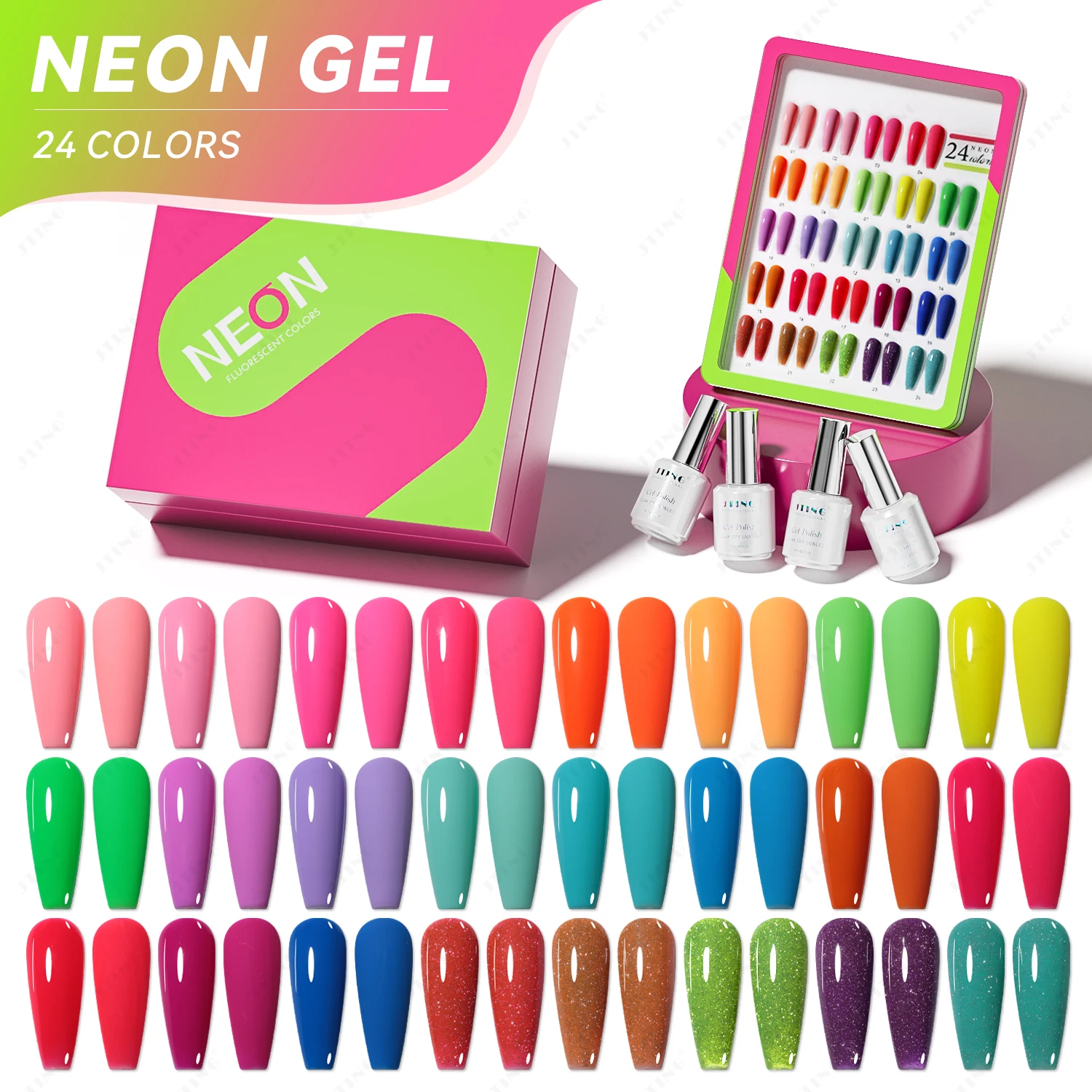 

JTING latest incomparable design Neon gel colors collection set box 24pcs Free color book High pigment nail gel polish