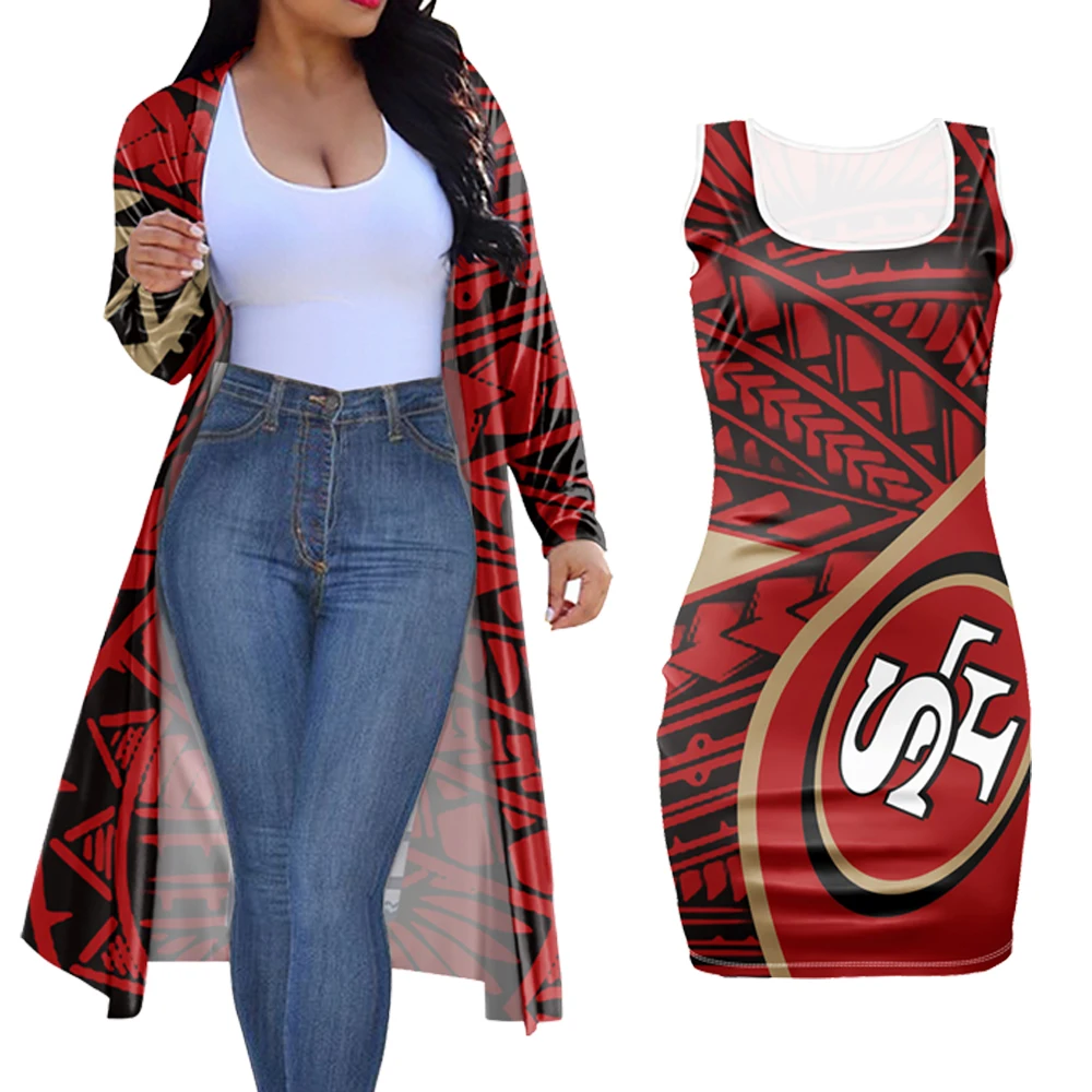 

Polynesian Samoan Tribal Design Custom NFL American Football Team 2 Piece Women Cardigan Kimono Jacket Tight Dress Suit, Customized color