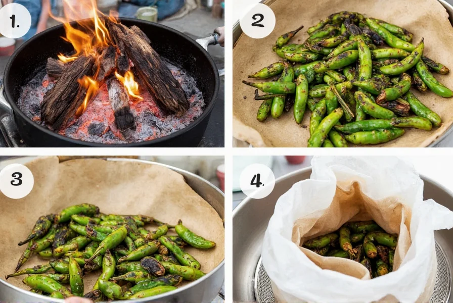 Step-by-step process of roasting hatch green chilies over open flame, showing charred peppers being placed in paper bag for steaming