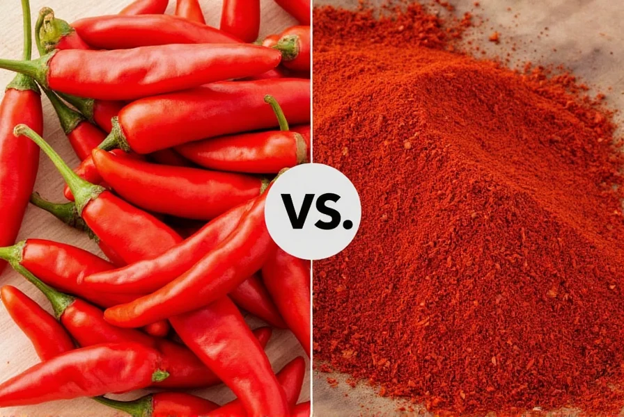 Side-by-side comparison of fresh cayenne peppers and various chili pepper varieties showing color and shape differences