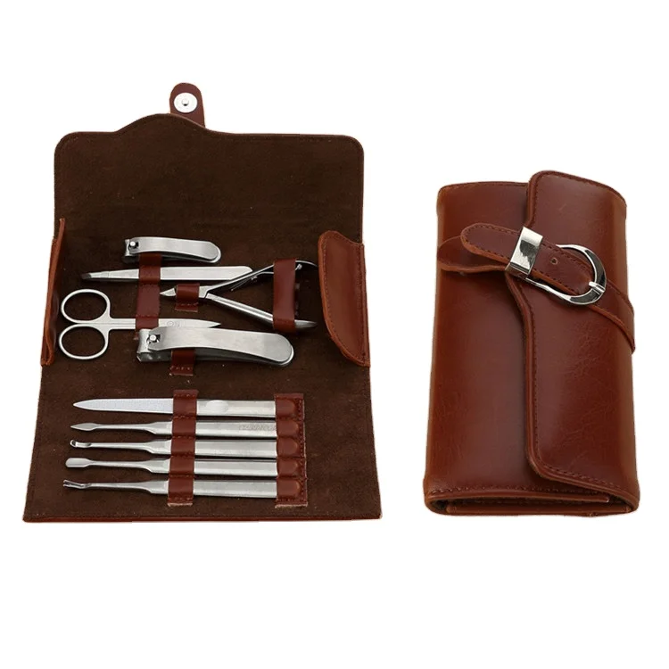 

New 10 in1 New Unisex Women Men Manicure Grooming Set Kit Nail Clipper Luxury Genuine Brown Leather Case Groom&travelling Kit