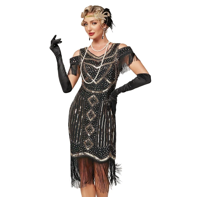 1920s Flapper Dress for Women 20s Great Gatsby Dress Plus Size Vintage V-neck Off Shoulder Sequin Beaded Fringe Cocktail Dress