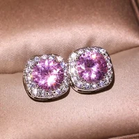 

Charming Blue/Red/Pink Dainty Zircon Stud Earrings For Women Filled Square Cut Birthstone Earring Party Gift
