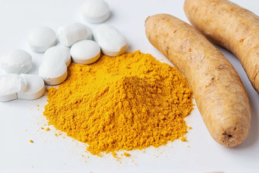 Turmeric root and powder next to heartburn medication showing potential interaction