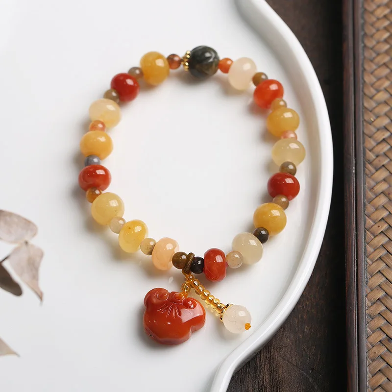 

Ethnic Style Hetian Natural Golden Jade Pumpkin Bead coloured Jade Gourd Pendant Bracelet Hetian Jade Bead Bracelet