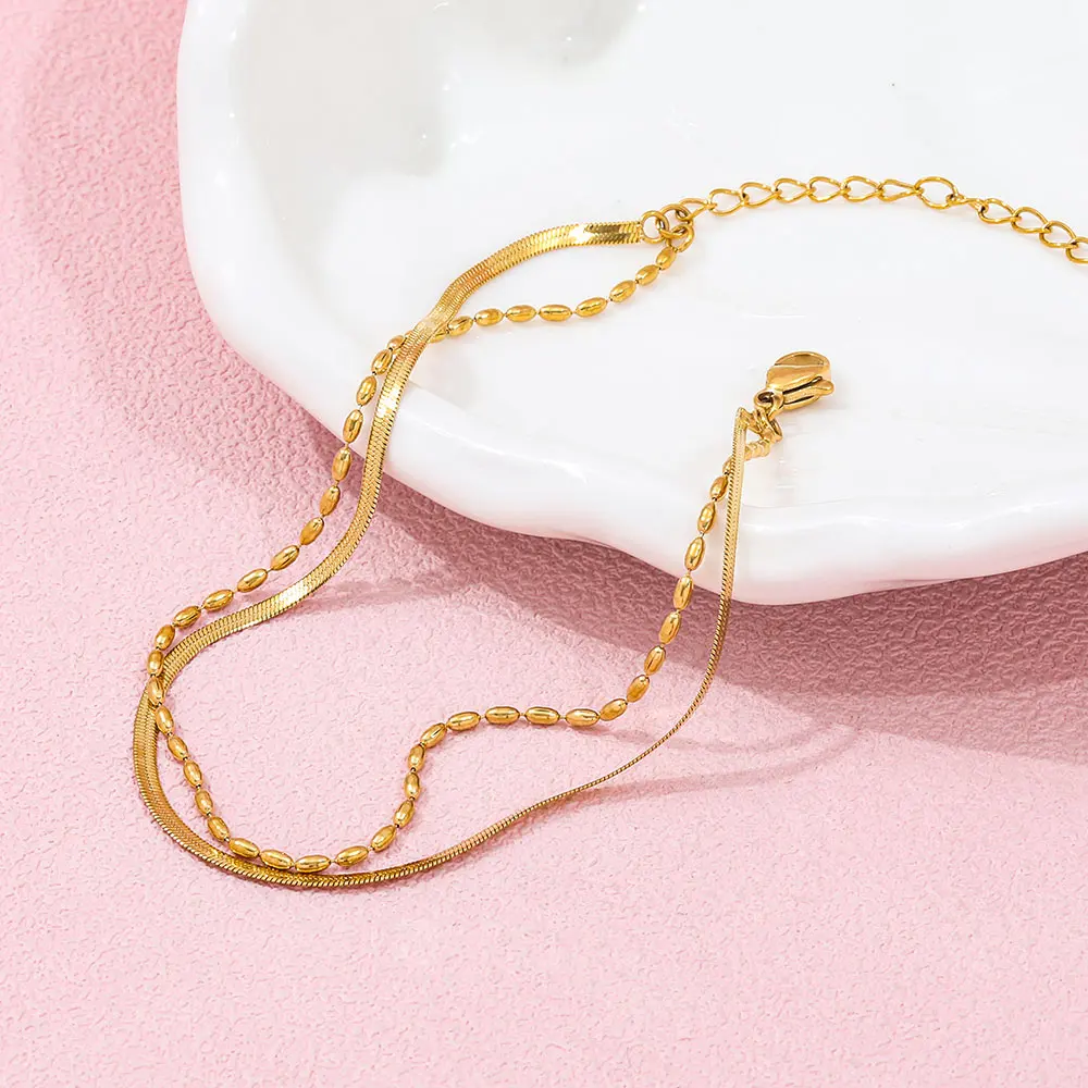 18k PVD Gold Plated Tarnish-Free Waterproof Anklet Double-Layer Bead String Snake Chain Trendy Stainless Steel Party Jewelry