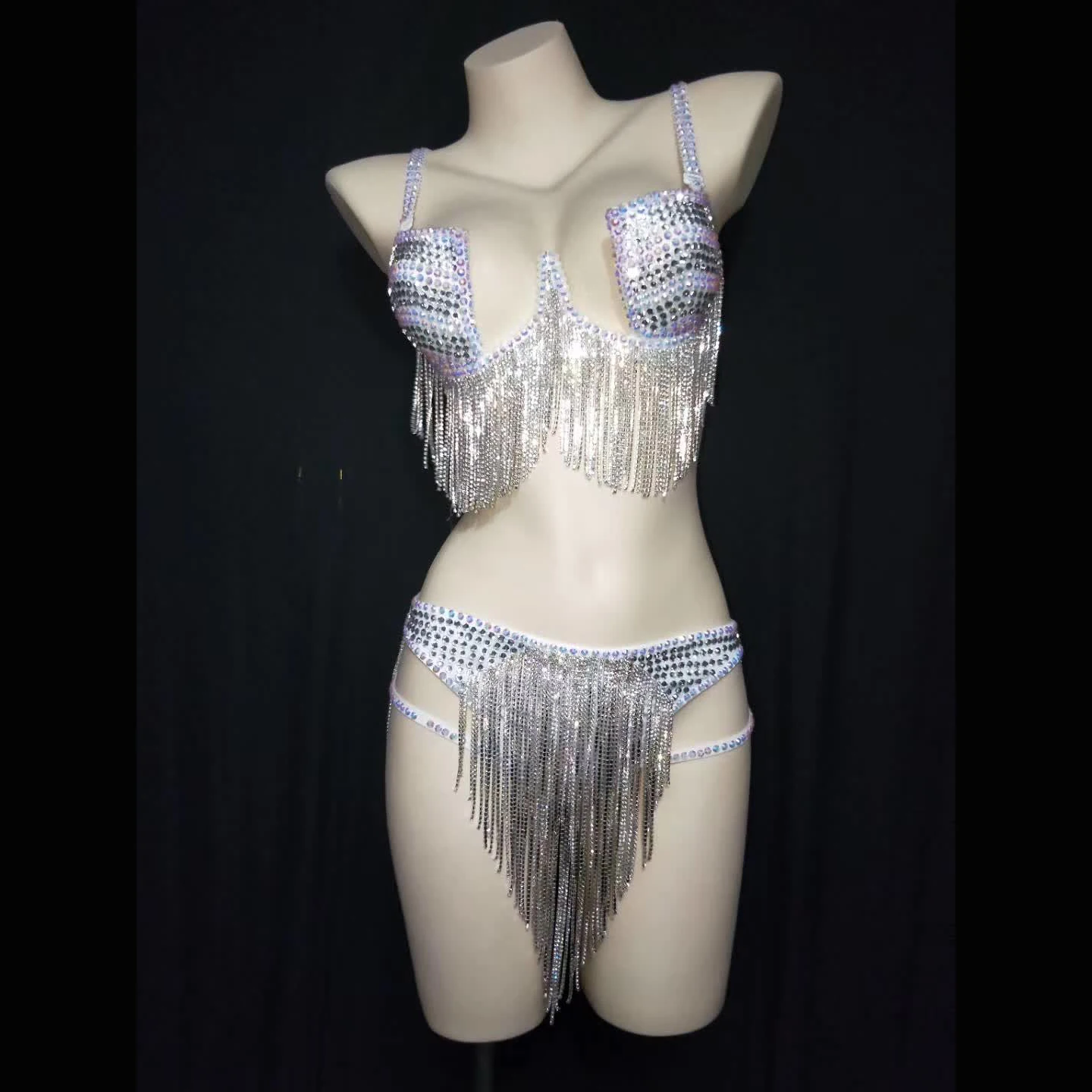 

Ocstrade Sexy Disfraz Dance Bar White Luxury Victorian Costume Flashing Rhinestone Diamond Beaded Fringe Bra Panties Bikini Set