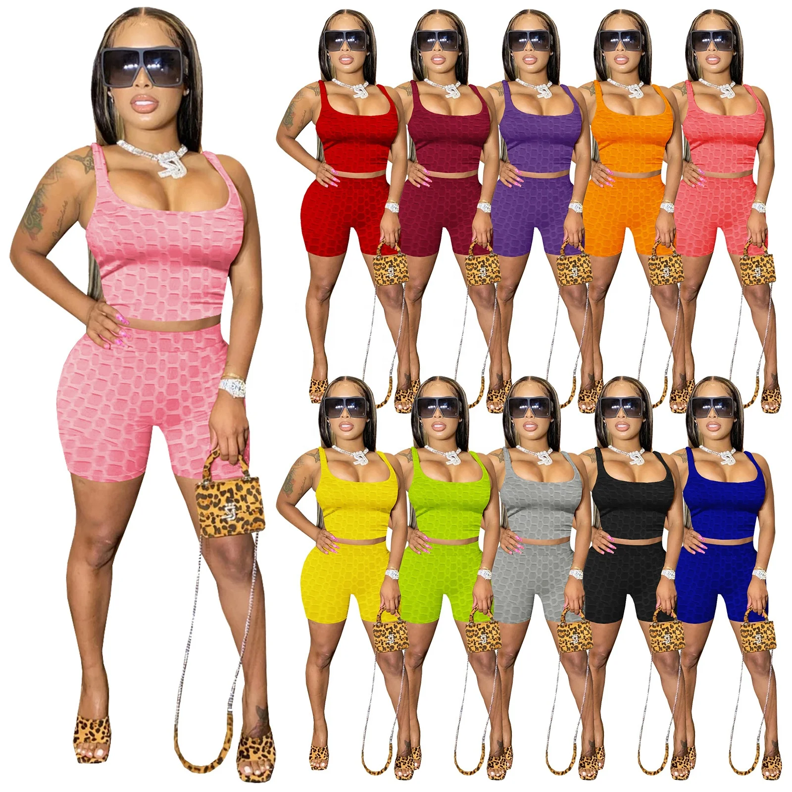 

2021 New Wholesale Casual Women Summer Athletic Sportswear Stretch Two Piece Shorts Set