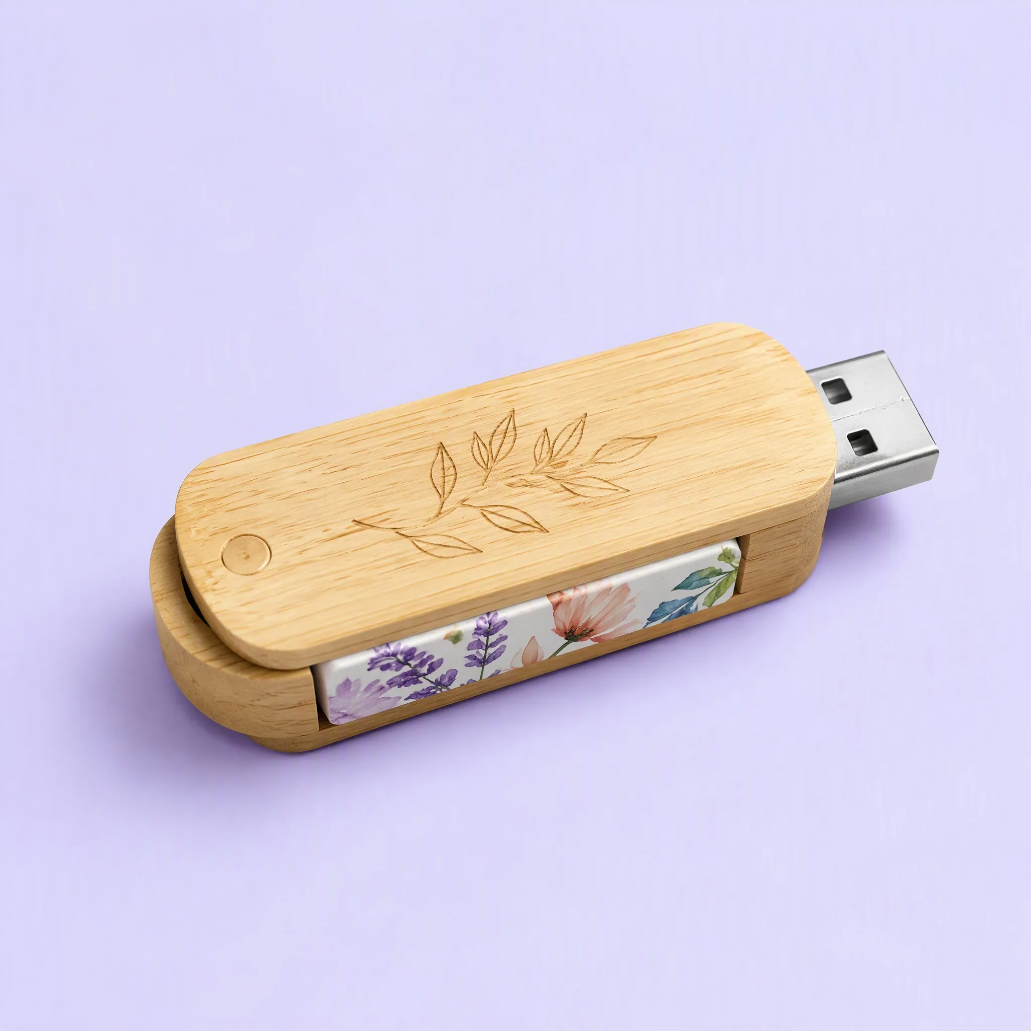 Studio 3/4 Perspective of Natural Wood Swivel USB Flash Drive on Lilac Surface