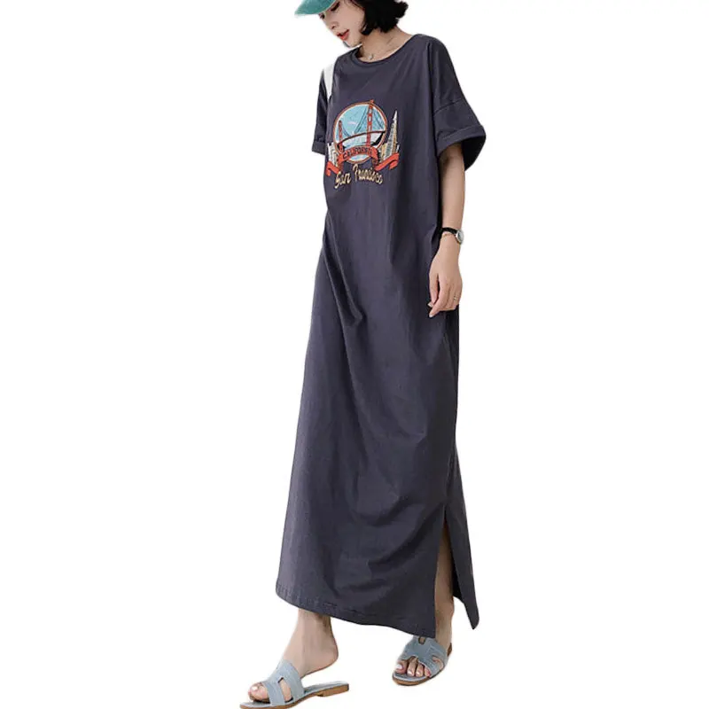 

Wholesale summer women casual cotton long dresses fitted linen graphic maxi t shirt dress