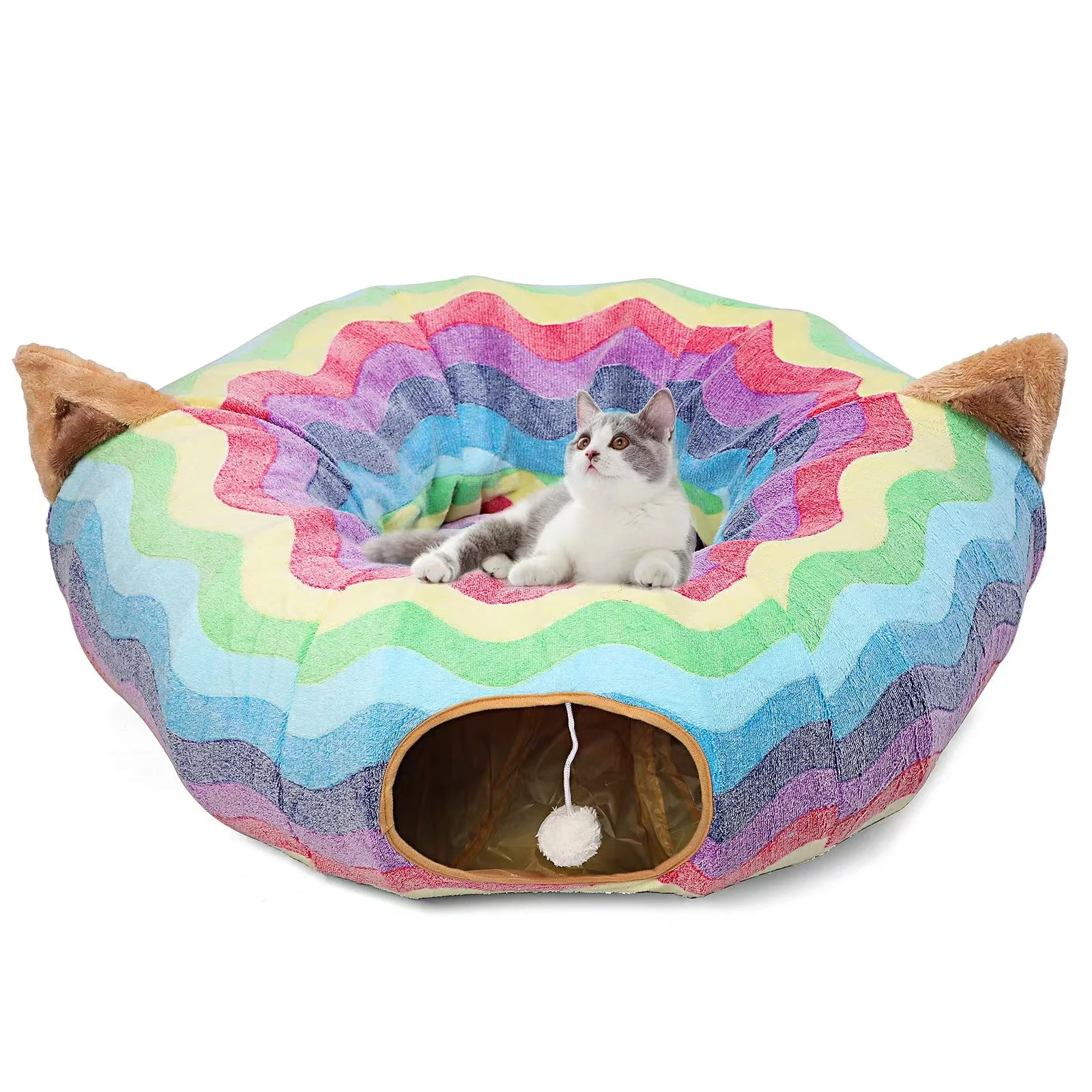 

Hot Sale Cloth Large Diameter Longer Crinkle Collapsible Beds Tube with Cushion Plush Ball Cat Tunnel Bed