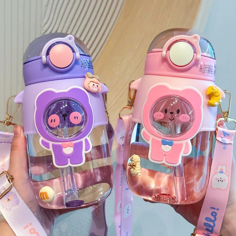 

J74 Cartoon Cute Plastic Cup High Temperature Portable Straw Cup Strap Kids Water bottle cute water bottle