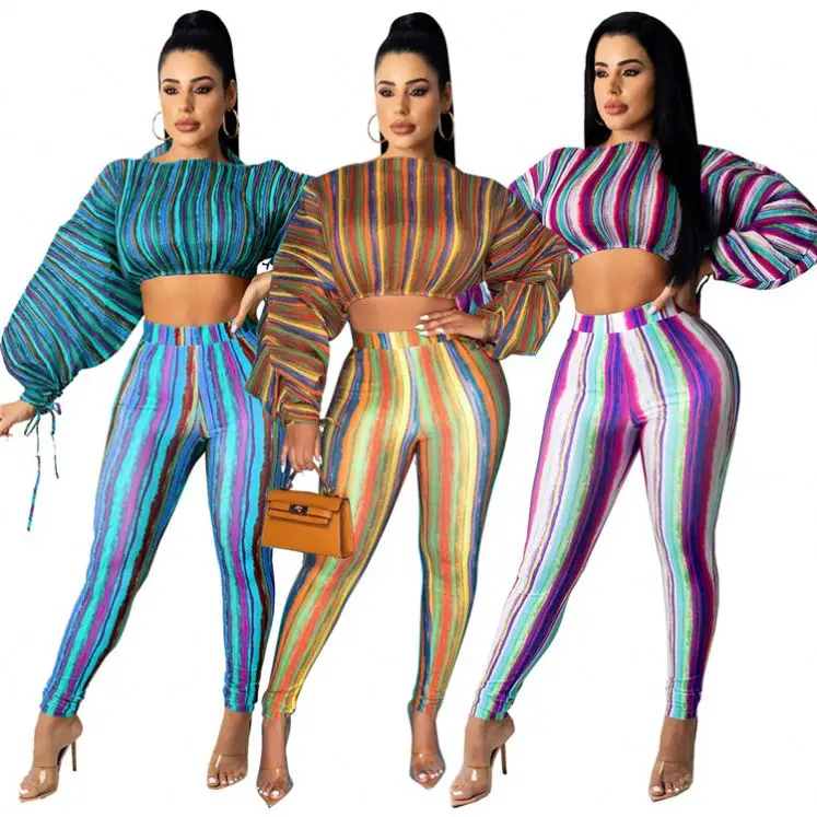 

High Quality Sexy Bandage Stripes Printing Women Clothes Casual Pants Set Women Crop Top 2 Piece Set