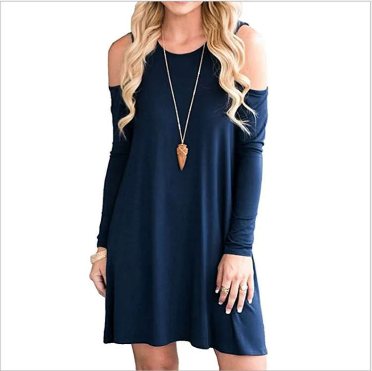 

Women's Long Sleeve Cold Shoulder Tunic Top Swing T-Shirt Loose Dress with Pockets, Black,red,mix colours
